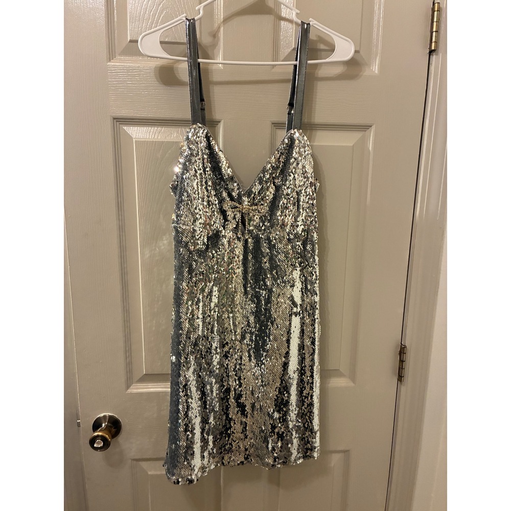 Silver Sequin Mini Dress with Spaghetti Straps